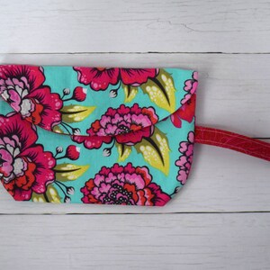 SALE! Pink Floral Wristlet, Handmade Bag In Bold Florals, Bright Blue And Pink Bag With Wrist Strap, Snap Close Bag, Clutch With Pocket