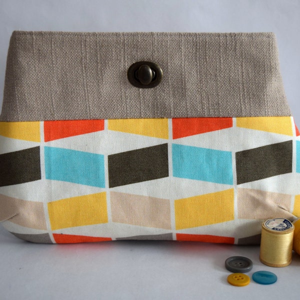 Colorful Geometric Clutch Made with Recycled Fabrics. Eco Friendly Handmade Bag in Blue, Yellow, Red and Grey. Clutch with Turn Lock Close