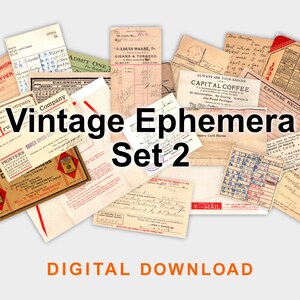 May include: A collection of vintage ephemera, including receipts, tickets, and invoices. The items are in various sizes and colors, with text that reads "Vintage Ephemera Set 2" and "Digital Download".