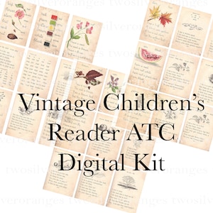 Puede incluir: Un conjunto de tarjetas de lectura para niños de estilo vintage. Las tarjetas presentan ilustraciones de flores, hojas y otros elementos naturales, junto con texto sencillo. Se muestra el texto "Vintage Children's Reader ATC Digital Kit".
