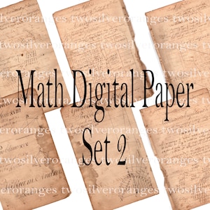 May include: A collection of six rectangular sheets of aged, tan-colored paper featuring vintage mathematical text, handwritten calculations, and geometric diagrams in dark ink. The edges of the paper appear worn and weathered with a textured appearance.