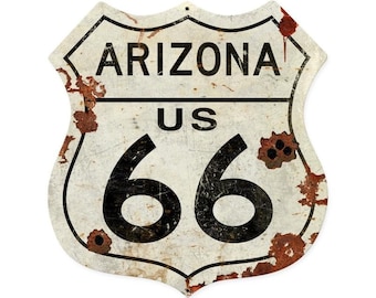 Arizona Route 66 Metal Sign, 2 Sizes, Aged OR New Style, Vintage Nostalgic Auto Car Gas Oil Garage Art Home Wall Decor, PS