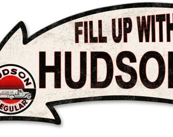 Fill Up with Hudson Gasoline, Arrow Grunge Style 26 x 14 Metal Advertising Sign Vintage Reproduction Gas Oil Garage Art Wall Decor PS553