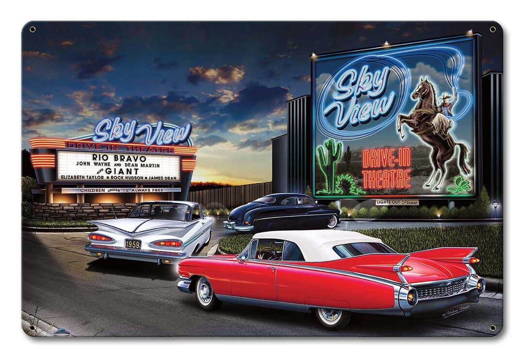 Skyview Drive in Theater Classic Cars, JG Studio, 3 Sizes, Vintage