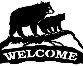 Welcome Bears 15 x 23.5 Inch, Laser Cut Faux Copper OR Black Powder Coat finish, Silhouette Metal Script Art Sign, Wall Decor Art RVG 418C