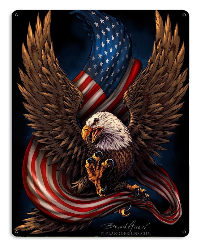 Flying Bald Eagle USA United States of America Flag Metal Sign Man Cave Garage Flying Bald Eagle USA United States of America Flag Metal Sign Man Cave Garage