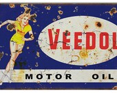 Veedol Motor Oil Sign, Aged OR New Style, 24g Metal Sign, 2 Sizes, USA Made Vintage Style Retro Garage Art RG
