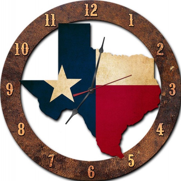 Texas Map Shaped Flag metal wall clock sign, american made, nostalgic, vintage style, retro garage art, PS