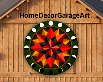 Barn Hex Sign, Pennsylvania Dutch 16 Point Star Green Earth Tones, Metal, UV Protection, 6 Sizes, country home decor garage art AQP