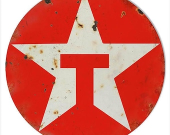 Texaco Star Red T Gas Station Sign,  Aged Style Metal Sign, 3 Sizes Available, USA Made Vintage Style Retro Garage Art RG