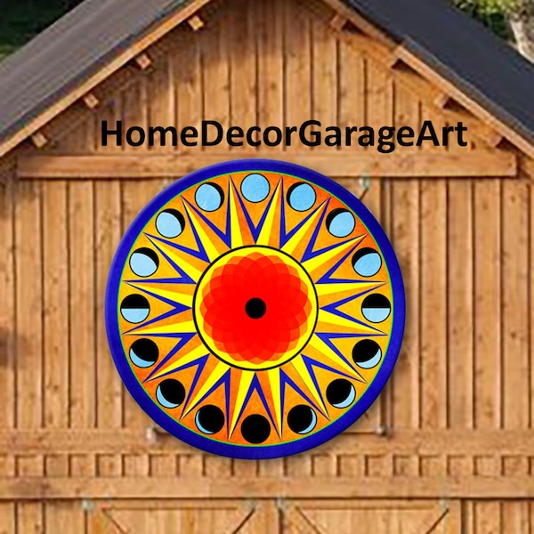 Barn Hex Sign, Sun with Moon Phases, Blue Yellow, Pennsylvania Dutch, Metal, UV Protection, 5 Sizes, country home decor garage art AQP