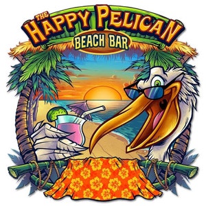 Happy Pelican Beach Bar 20 x 20 inches, Coastal wall art metal sign, vintage style decor, PS image 1