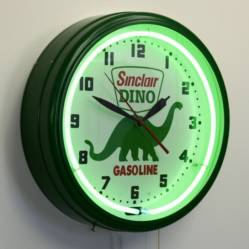 Sinclair Gasoline Dino 20 Inch Neon Wall Clock Advertising Sign Vintage Style Retro Garage Art Free