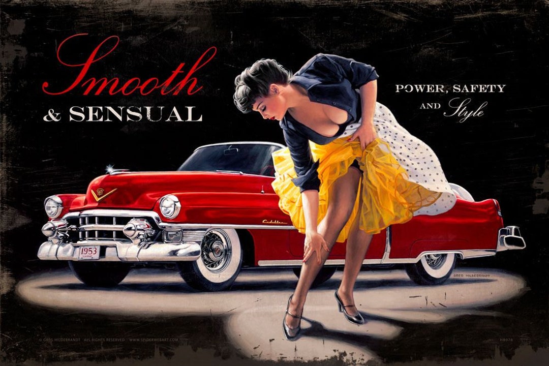 Cadillac Smooth & Sensual Pinup Girl Art on Metal Sign by Greg