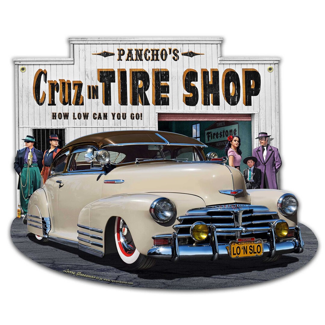 1948 Chevy Cruz Tire Shop, Cut Out Shape Metal Sign, 3 Sizes, USA Made