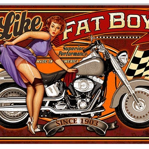 Like Fat Boy Motorcycle Pinup Girl, 12 x 18 Metal sign OR 12 x 16 Canvas Art, hot rod home decor wall art sm