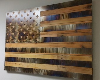 USA United States Flag Custom Burn Metal on Reclaimed Wood, 2 Sizes, vintage style, nostalgic patriotic wall home decor, garage art PTSW145