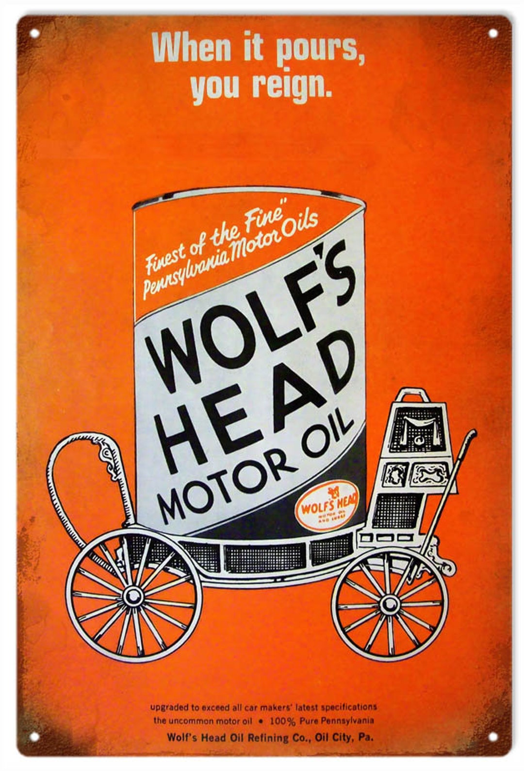 Wolf's Head Motor Oil and Lubes Metal Sign, Aged Style, USA Made