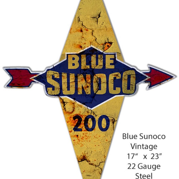 Blue Sunoco Laser Cut Out Sign 17″x 23″ 22g Steel. Aged OR New Style, custom shape vintage style retro gas oil garage art wall decor RG