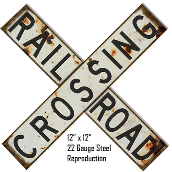 Railroad Crossing White With Black Lettering Sign, 12 x 12 Aged or New Style, 22g Metal Sign, USA Made Vintage Style Retro Garage Art RG717