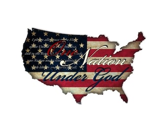 USA Flag United States Map, One Nation Under God, 25 x 16 Laser Plasma Metal Sign, American Made Retro Look Patriotic Wall Decor Art, PS