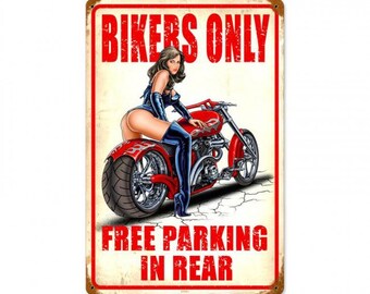 Bikers Only Pinup Girl, Free Parking in Rear, Metal Sign, vintage style retro gas oil garage art wall decor sm049