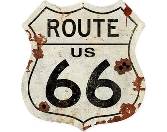 Route 66 Metal Sign, 2 Sizes, Aged OR New Style, Nostalgic Auto Car Gas Oil Garage Art Home Wall Decor PS