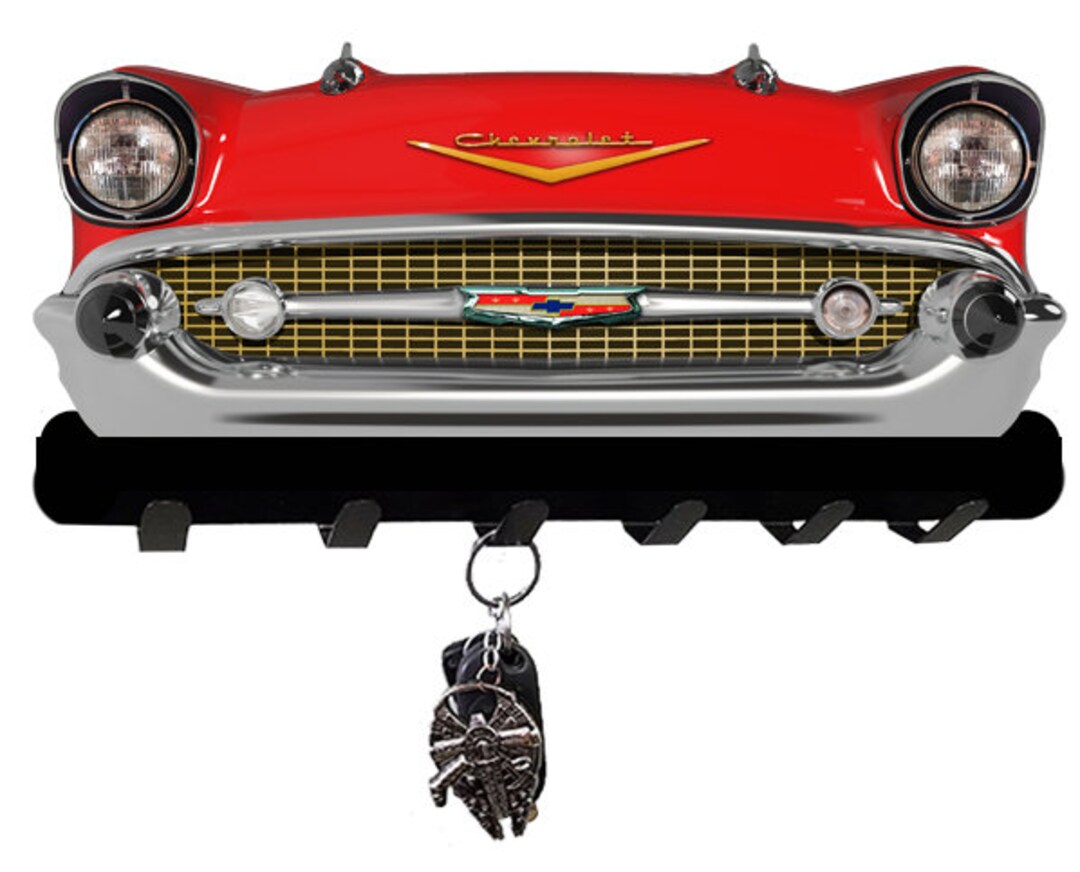 Chevy Red Front End Cut Out Metal Key Holder 12x8 Inches, Vintage Style