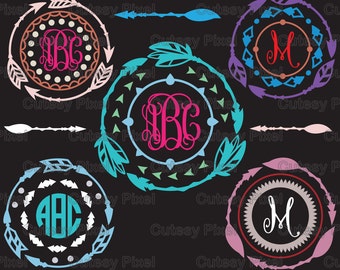 Boho/indiska pilmonogramramar Svg-klippfil, pildesigner SVG, pilsvg, Cricut Design Space, Silhouette Studio, digitala klippfiler
