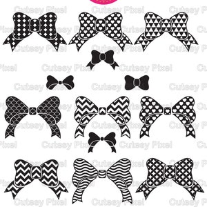 May include: A set of 10 black and white bow designs. The bows are in various patterns, including polka dots, hearts, chevron, and waves. The designs are ready to be cut using a cutting machine. The text "BOWS SET 1 CUT FILES" and "SVG, DXF Cut Files" is at the bottom of the image. The text "COPYRIGHT 2016 CUTESY PIXEL" is at the bottom of the image.