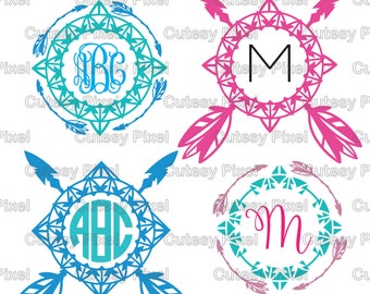 Boho/indiska pilmonogramramar Svg-skärfil, pildesigner SVG, DXF, PNG Cricut Design Space, Silhouette Studio, digitala klippfiler