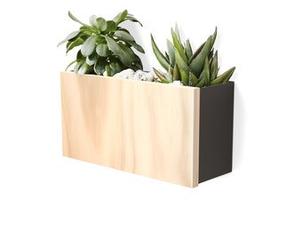 Modern Wall Planter - Charcoal Powdercoated Aluminium Body, Stainless Steel Hardware + Timber Front.