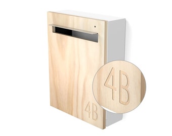Modern Custom Mailbox - Javi Wall Mounted Letterbox - White Aluminium Body, Stainless Steel Visor and Hardware + Timber front.