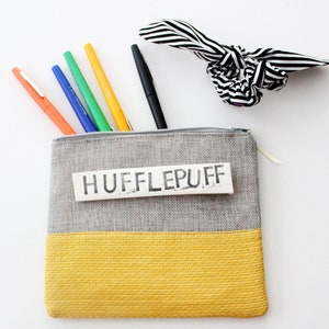 CUSTOM PHRASE zipper pouch grey and yellow sustainably made with scraps funny gift custom saying Hufflepuff Hogwarts house image 1