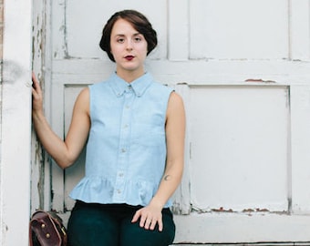 Eco Friendly Denim Top Sleeveless Peplum Top Button Down Chambray Top Sustainable Fashion Handmade Clothing Women's Top Conscious Clothing