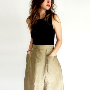 SHORT Sage Green pleated skirt with pockets A line Dupioni silk mini pocket skirt sustainable fashion taupe short flared skirt minimalist image 4