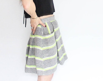 Striped navy and neon green a line full pleated skirt with big pockets, lined short mini skirt with stripes eco conscious clothing for her
