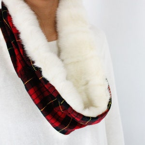 SAMPLE SALE Upcycled Infinity Scarf, White Faux Fur Cozy Plaid Flannel, Reversible Holiday Gift For Her, Warm Scarf, Eco Conscious