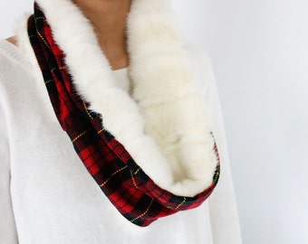 SAMPLE SALE Upcycled Infinity Scarf, White Faux Fur Cozy Plaid Flannel, Reversible Holiday Gift For Her, Warm Scarf, Eco Conscious