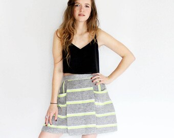 SAMPLE SALE Striped navy and neon green a line full pleated skirt with big pockets, lined short mini skirt with stripes clothing for her