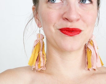 Mustard Yellow and Blush Pink Multicolor Fabric Tassel Feathered Earrings, Fringe Earrings, Statement Earrings