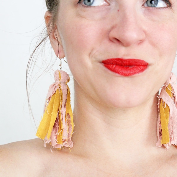 Mustard Yellow and Blush Pink Multicolor Fabric Tassel Feathered Earrings, Fringe Earrings, Statement Earrings