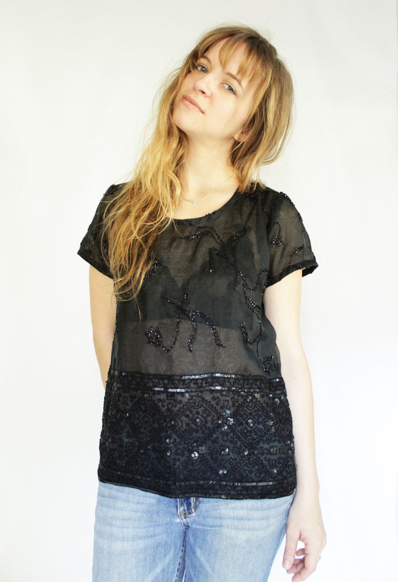 Eco Conscious Fashion Beaded Silk Shirt SAMPLE SALE Upcycled Black Sequin Top Sheer Button Back Top Womens Clothing under 100