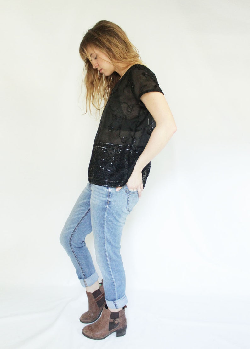 Eco Conscious Fashion Beaded Silk Shirt SAMPLE SALE Upcycled Black Sequin Top Sheer Button Back Top Womens Clothing under 100
