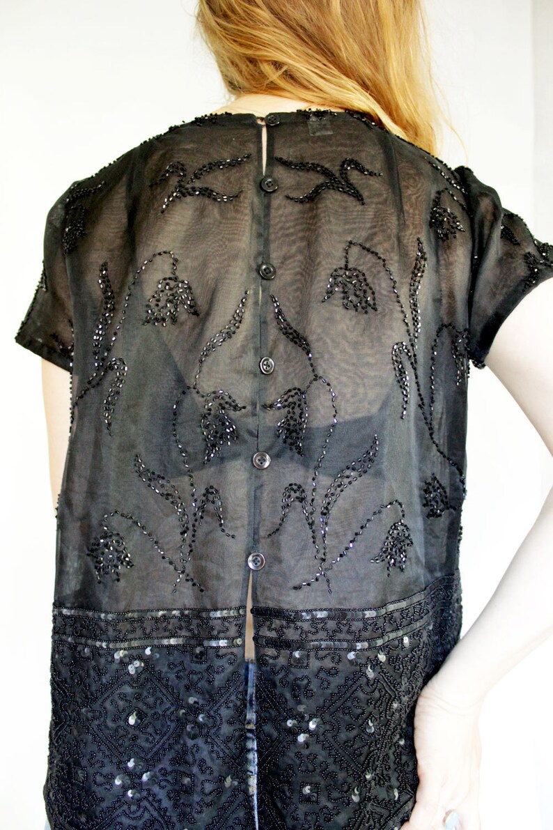 Eco Conscious Fashion Beaded Silk Shirt SAMPLE SALE Upcycled Black Sequin Top Sheer Button Back Top Womens Clothing under 100