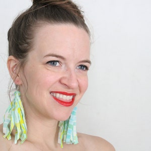 Bright Mint and Lime Multicolor Fabric Tassel Feathered Earrings, Fringe Earrings, plaid and floral, Statement earrings image 5