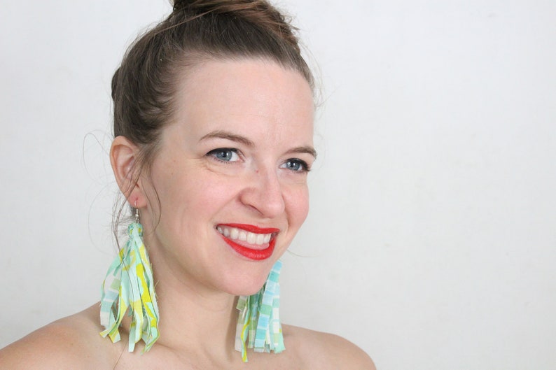 Bright Mint and Lime Multicolor Fabric Tassel Feathered Earrings, Fringe Earrings, plaid and floral, Statement earrings image 5