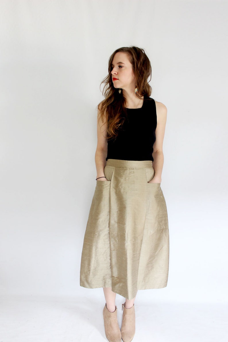 SHORT Sage Green pleated skirt with pockets A line Dupioni silk mini pocket skirt sustainable fashion taupe short flared skirt minimalist image 5