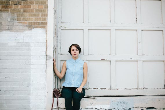 Eco Friendly Denim Top Sleeveless Peplum Top Button Down Chambray Top Sustainable Fashion Handmade Clothing Women's Top Conscious Clothing