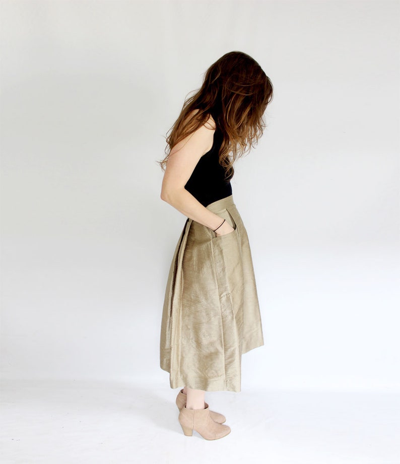 SHORT Sage Green pleated skirt with pockets A line Dupioni silk mini pocket skirt sustainable fashion taupe short flared skirt minimalist image 1